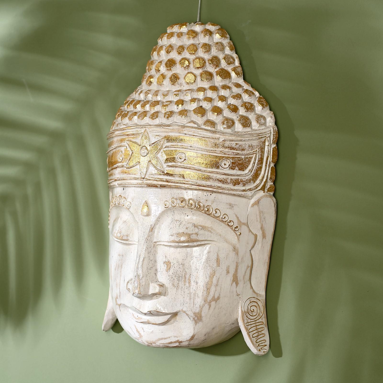 Маска  "Голова Будды" 40 см, дерево албезия, белый