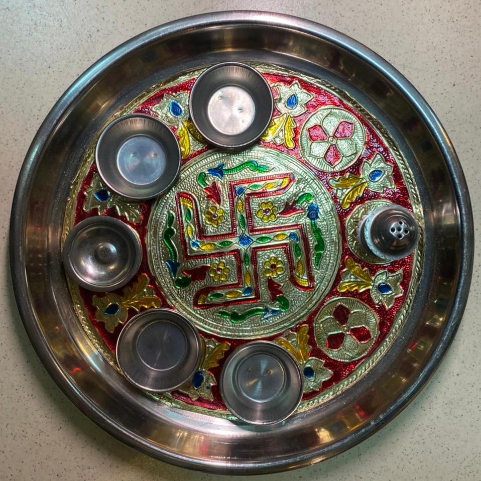  Тарелка для пуджи (подношений божествам), Свасти, 27см. Индия